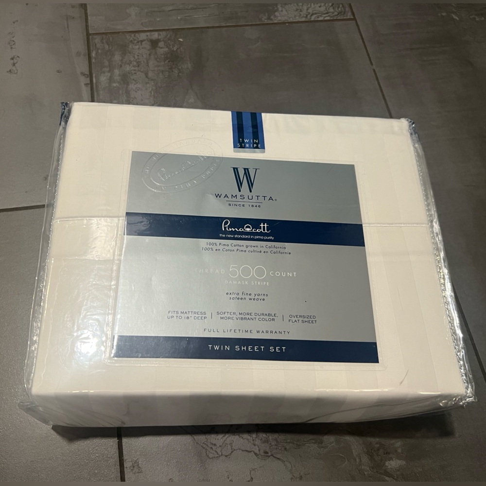NEW Wamsutta Damask Stripe 500 Thread Count Twin Sheet Set White Pima cotton